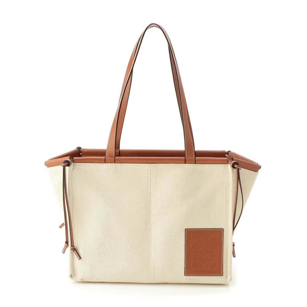 Loewe Cushion Tote Canvas Anagram Long Shoulder Bag Handbag Beige Cream Brown
